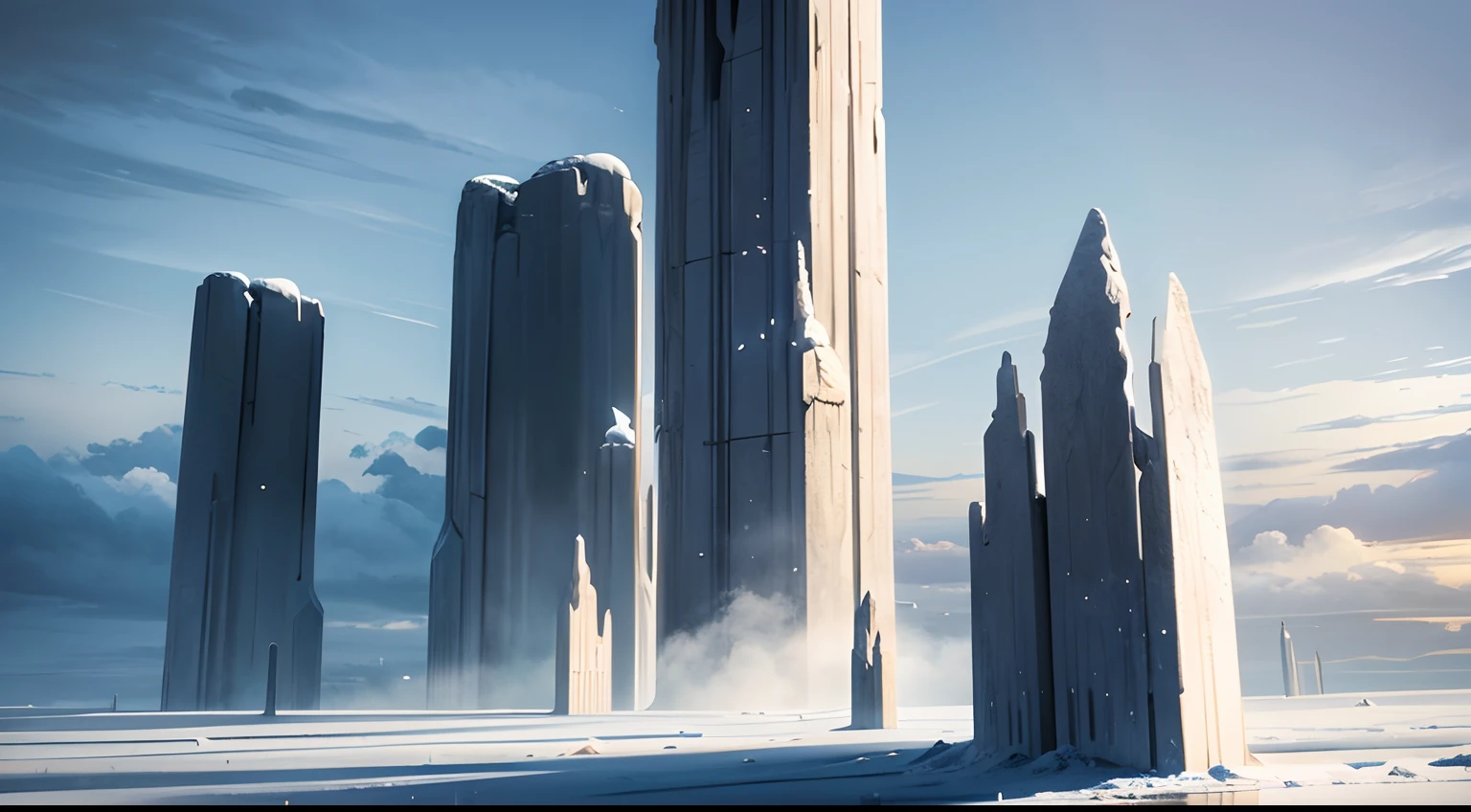 White alien world，Huge tall stone pillars jutting out into the clouds，Connecting heaven and earth，Alien Chaos landscape，