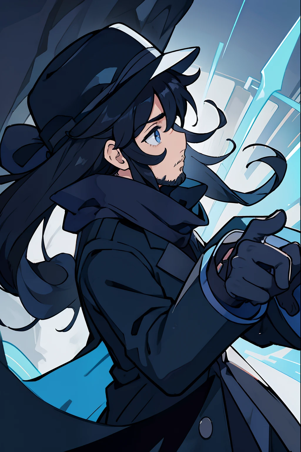 anime, man, fedora, profile, dark blue scarf, black suit, black overcoat, long hair, tiny beard, moustache, black gloves