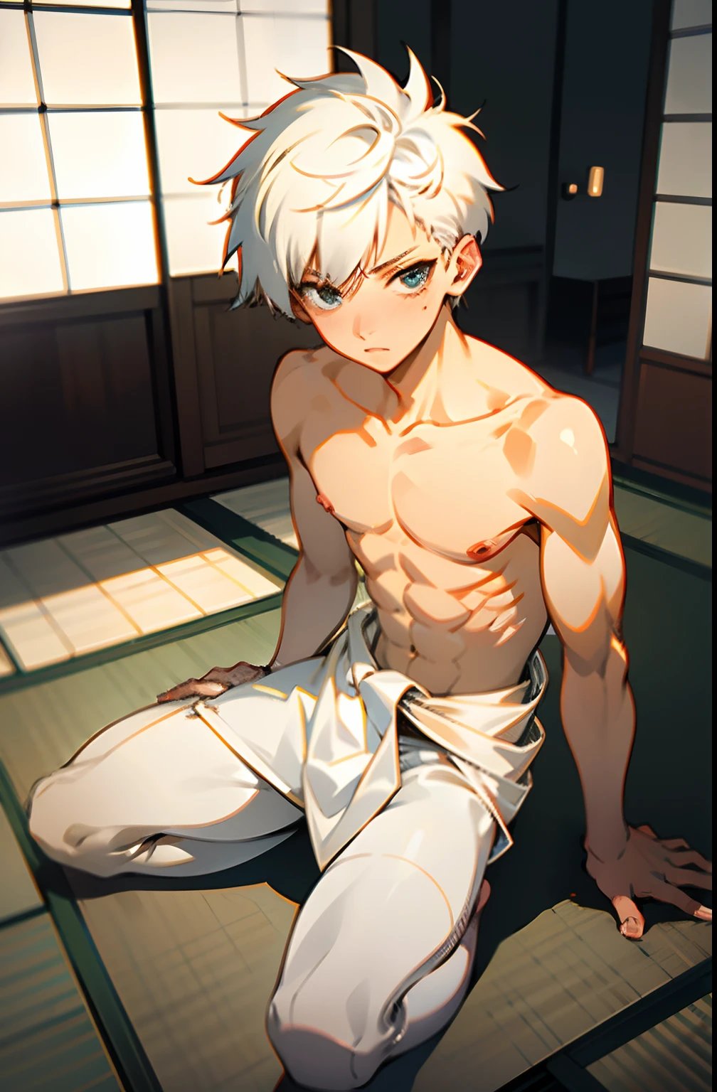 masterpiece, best quality, high quality,  1boy,10yo, , duo, male focus, full body, looking at viewer, white hair,spiky hairstyle, short hair, steam smork, japan style,  anime coloring, shy, home muji style, detailed face, topless, white towel on waist,white silk, sit on tatami