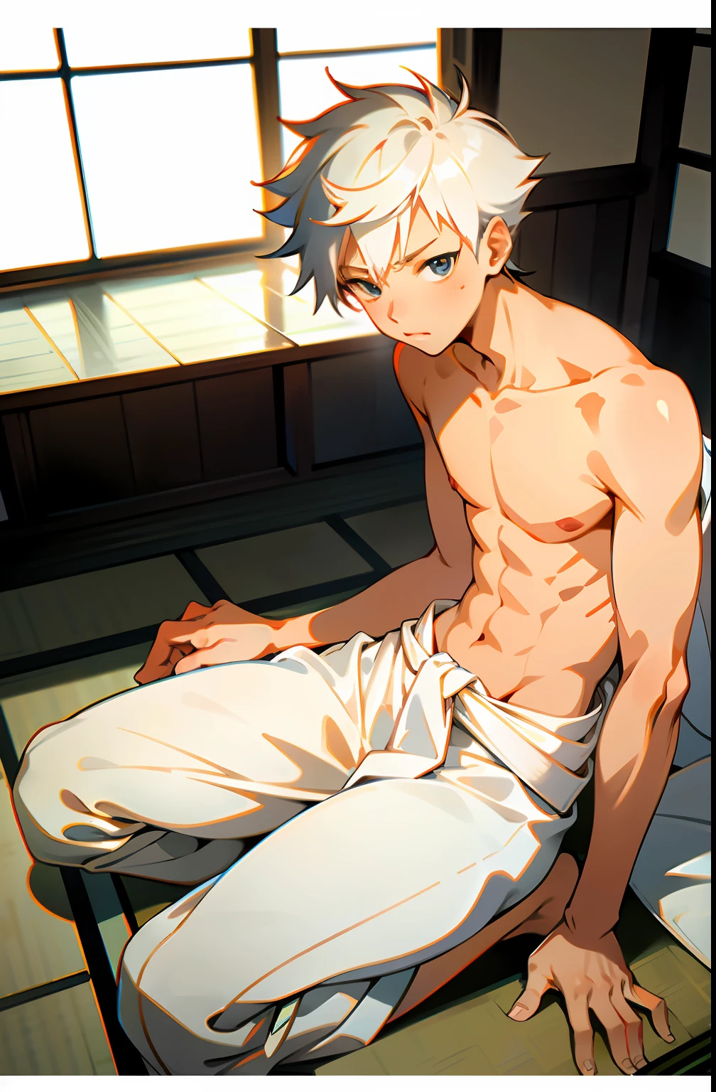 masterpiece, best quality, high quality,  1boy,, , duo, male focus, full body, looking at viewer, white hair,spiky hairstyle, short hair, steam smork, japan style,  anime coloring, shy, home muji style, detailed face, topless, white towel on waist,white silk, sit on tatami