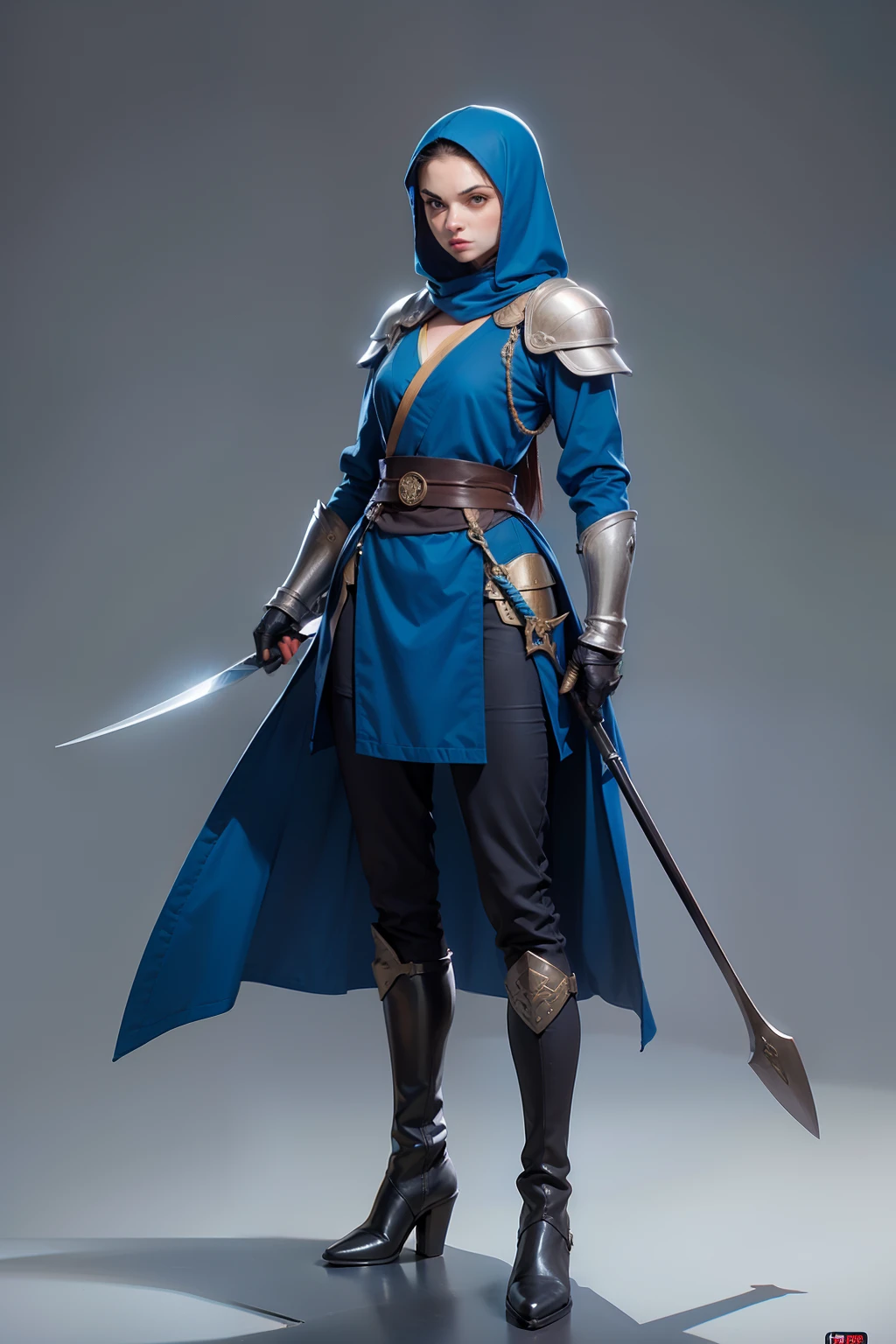 mulher, roupa de ninja azul escura, roupa de ninja, sem cabelo, armadura medieval, guerreira, Botas, corpo todo
