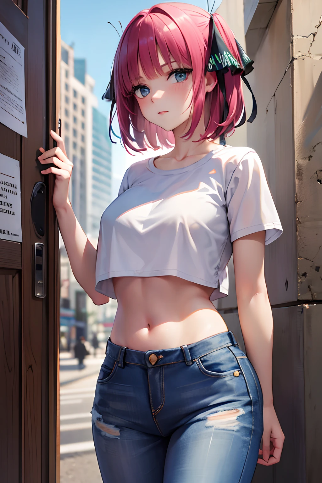 masterpiece, best quality, highres, nn1, 1girl, hair ribbon, short hair, jean, crop top, cowboy shot, standing, outdoors,