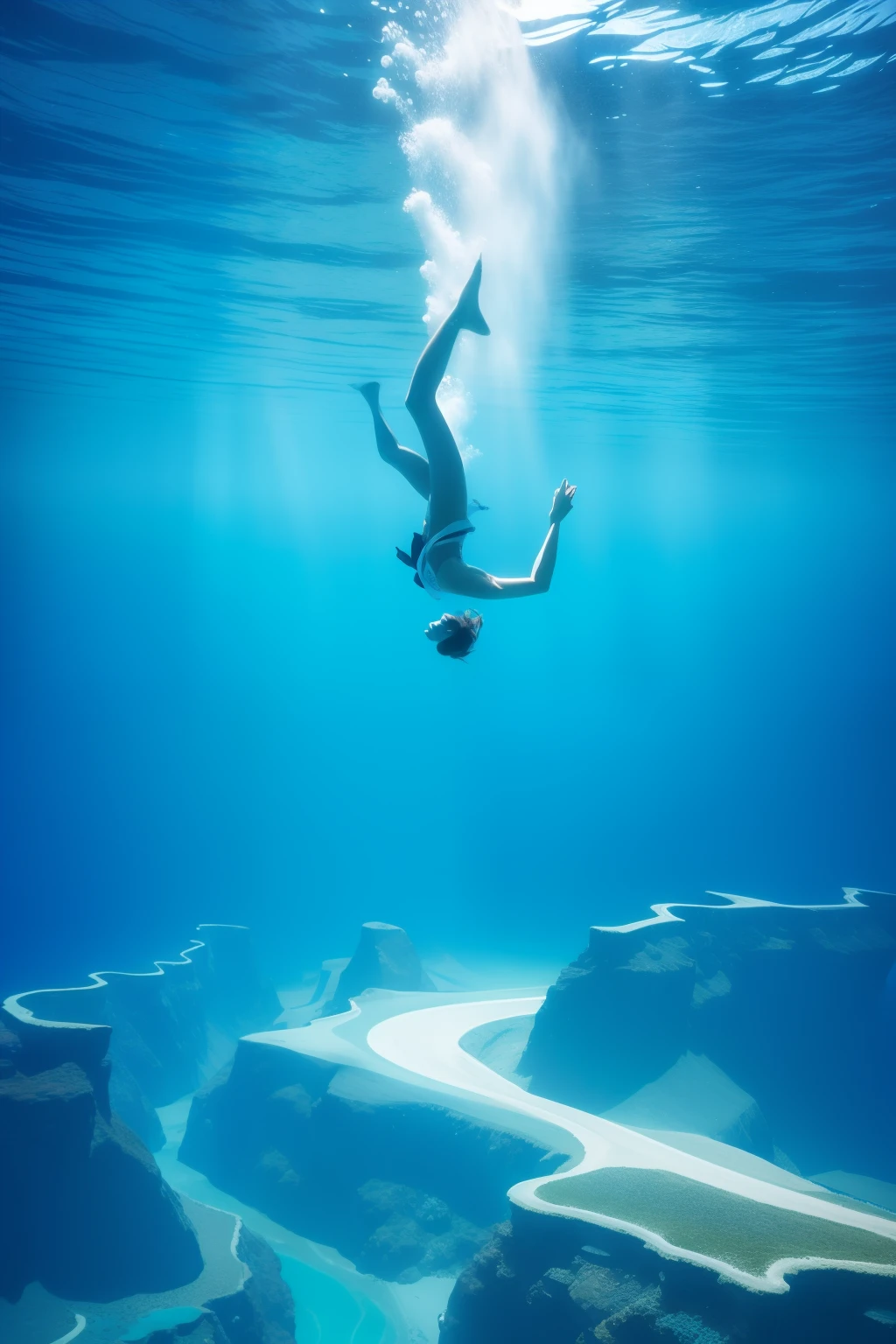 "Stunning free diving shot with vibrant underwater colors, capturing the beauty and freedom of the ocean depths."