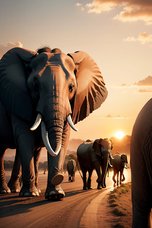 Elephant with his family of elephants walking on a safari at sunset. Ultrarealista