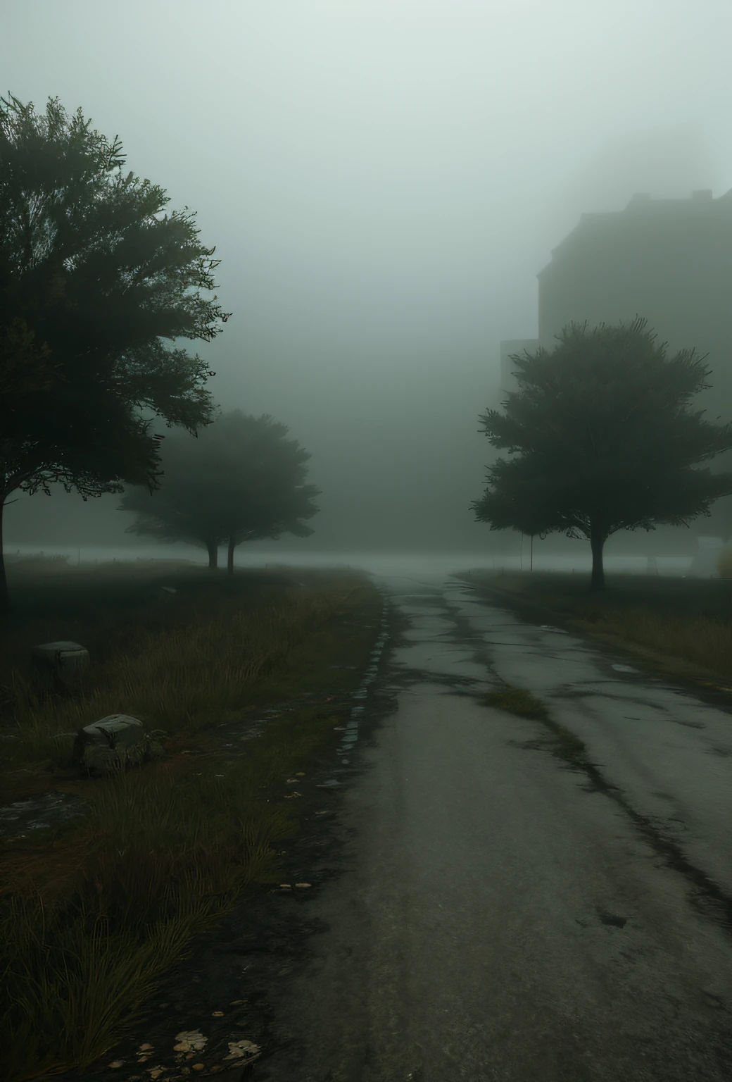create for me a scenery for a game, calm scenery, empty, fog,  beautiful scenery, melancholy scenery, detailed scenery, realistic, 4k, masterpece, with drama and terror filter, destroyed scenery, scenery of fantasy, expired on silent hill