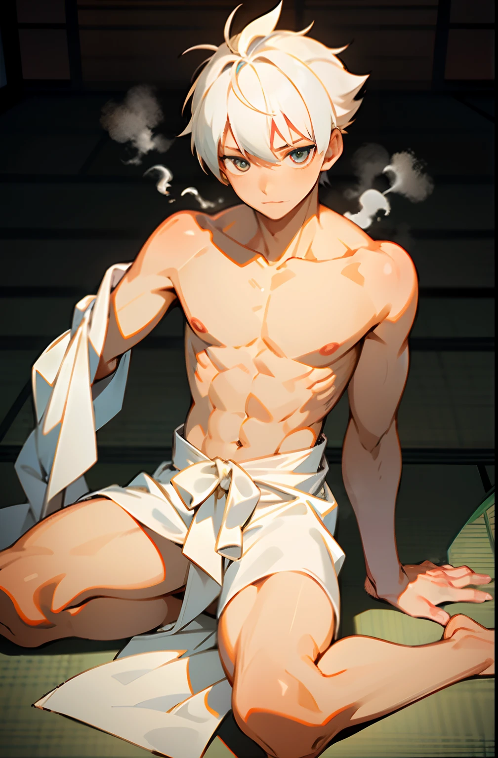 masterpiece, best quality, high quality,  1boy,, , duo, male focus, full body, looking at viewer, white hair,spiky hairstyle, short hair, steam smork, japan style,  anime coloring, shy, home muji style, detailed face, topless, white towel on waist,white silk, sit on tatami