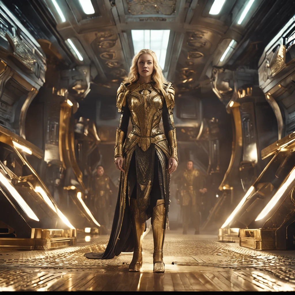 Syfy blonde, hair, empresses exiting her ship in full imperial dress that is gold very elegant but powerful with light body armor