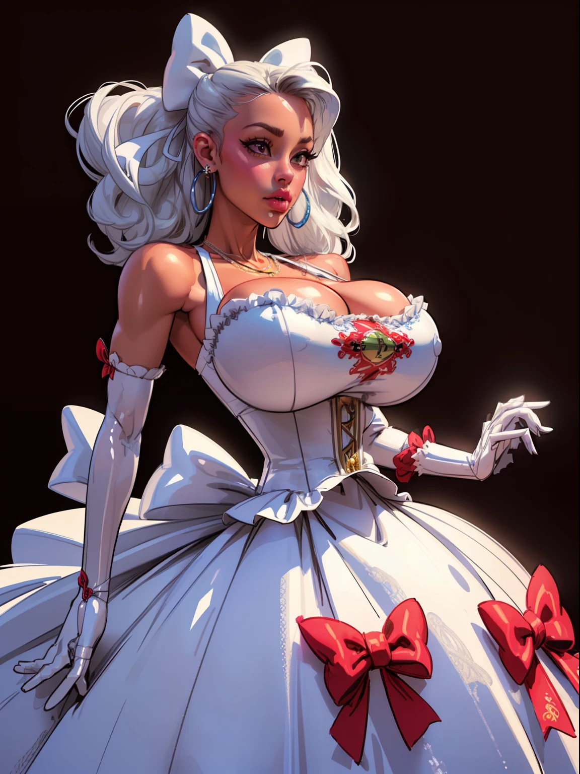 ((Cyberpunk background:1.1) John Tenniel art, frustrated Ariana Grande, platinum hair, curls, wearing a stately and elaborate trixie ballgown of white satin and silver adorned with large satin, futuristic ballroom gown, cybernetic enhancements , (((huge ribbon bows))), rosebuds, embroidery and jewels, (gigantic breasts:1.3) with (((enormous puffed sleeves))), an hourglass waist, and a (((voluminous crinoline hoopskirt))), (((bustle))), long silver gloves, adorned with intricate metallic details, pearl and diamond necklace and earrings, large elaborately curled and styled hair
