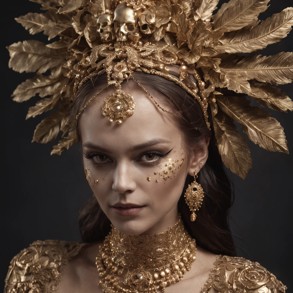 The woman wears gold and gold makeup,The style of the skull pattern,Covered with luxury jewelry, jewelry, luxury goods, Dark white and dark bronze, Jewelry for painters and sculptors,High details,Realistic,hyper intricate details, 8K, Cinematic lighting, Cinematic