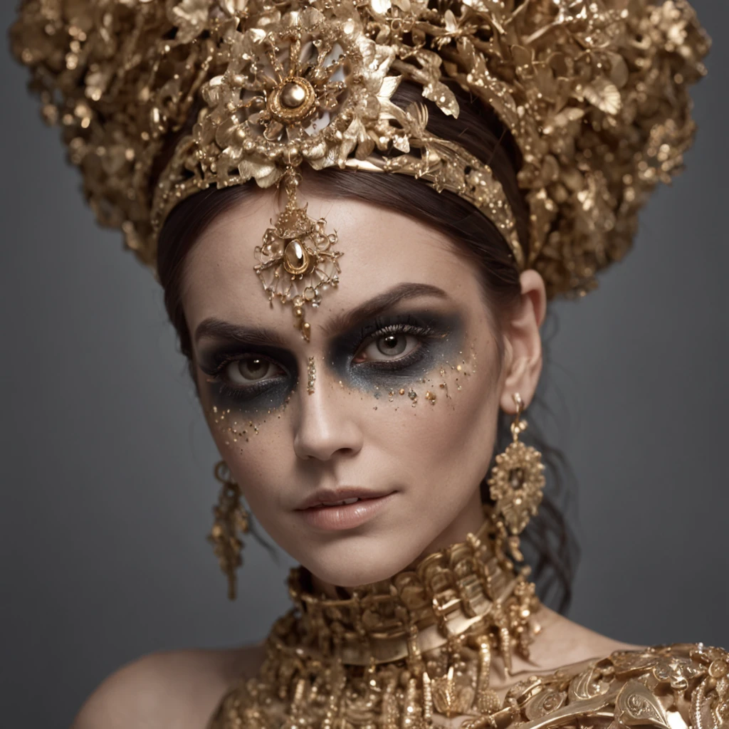 The woman wears gold and gold makeup,The style of the skull pattern,Covered with luxury jewelry, jewelry, luxury goods, Dark white and dark bronze, Jewelry for painters and sculptors,High details,Realistic,hyper intricate details, 8K, Cinematic lighting, Cinematic