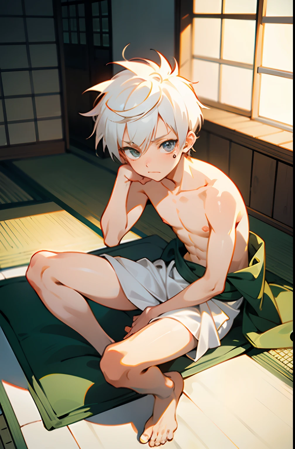 masterpiece, best quality, high quality, 1boy,10yo, , duo, male focus, full body, looking at viewer, white hair,spiky hairstyle, short hair, steam smork, japan style, anime coloring, shy, home muji style, detailed face, topless, white towel on waist,white silk, sit on tatami