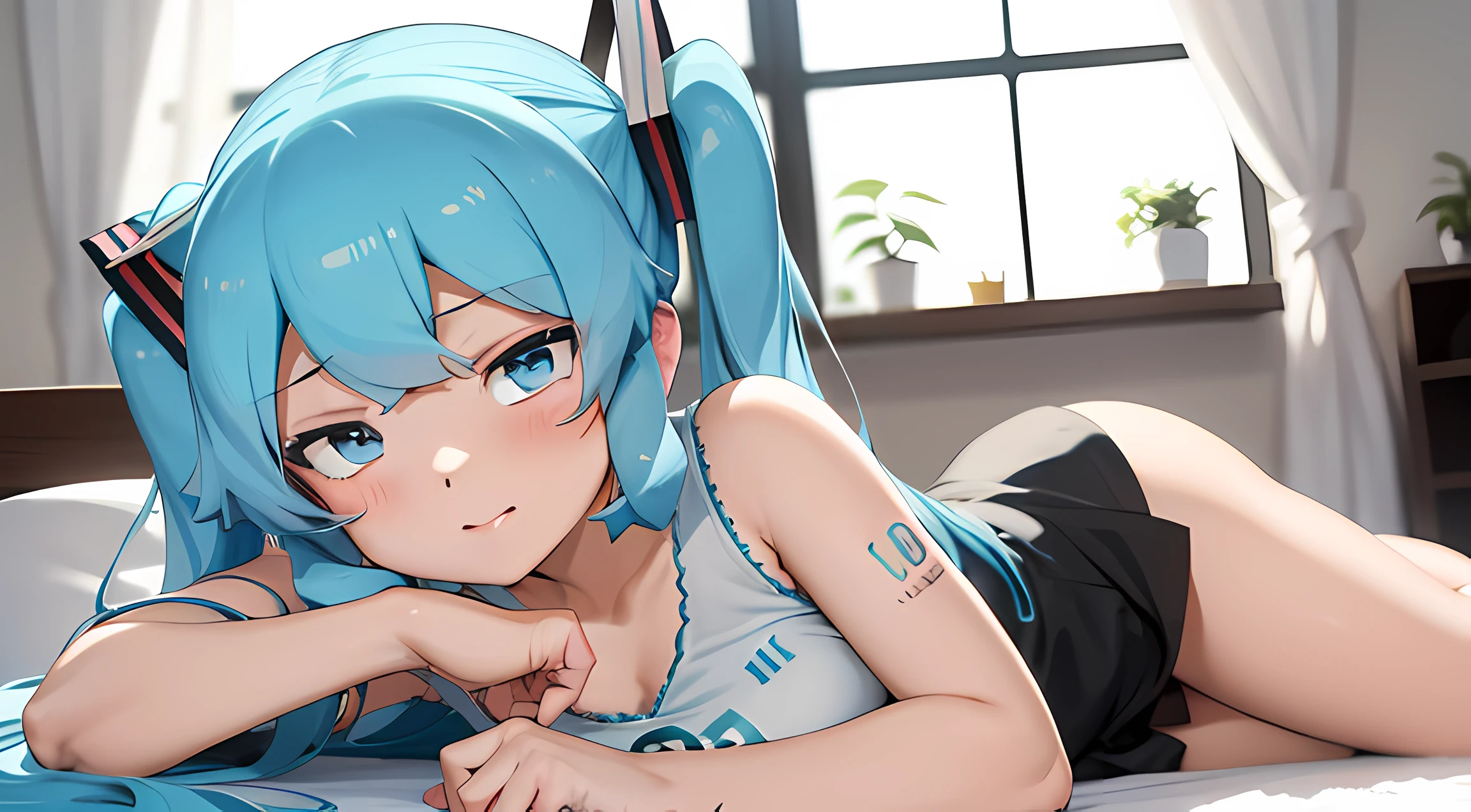 hatsune miku, camisa blanca, falda negra, en la cama, de frente, vista trasera, pose de perrito, Pelo azul de cola doble, Ecchi,