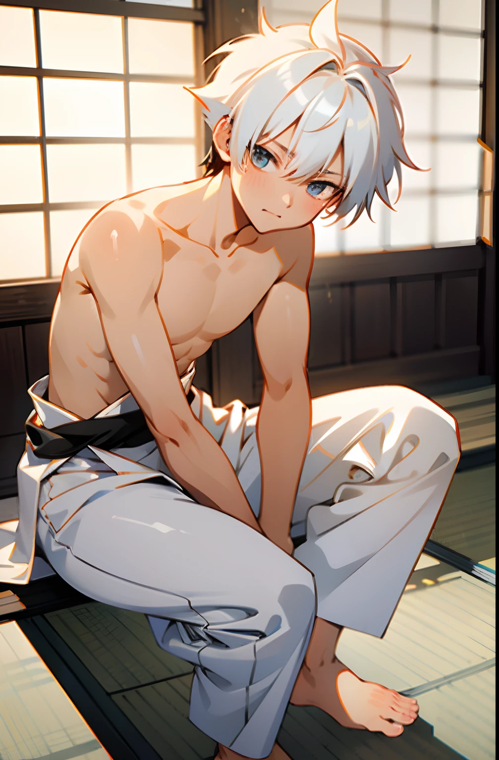 masterpiece, best quality, high quality, 1boy,, , duo, male focus, full body, looking at viewer, white hair,spiky hairstyle, short hair, steam smork, japan style, anime coloring, shy, home muji style, detailed face, topless, white towel on waist,white silk, sit on tatami