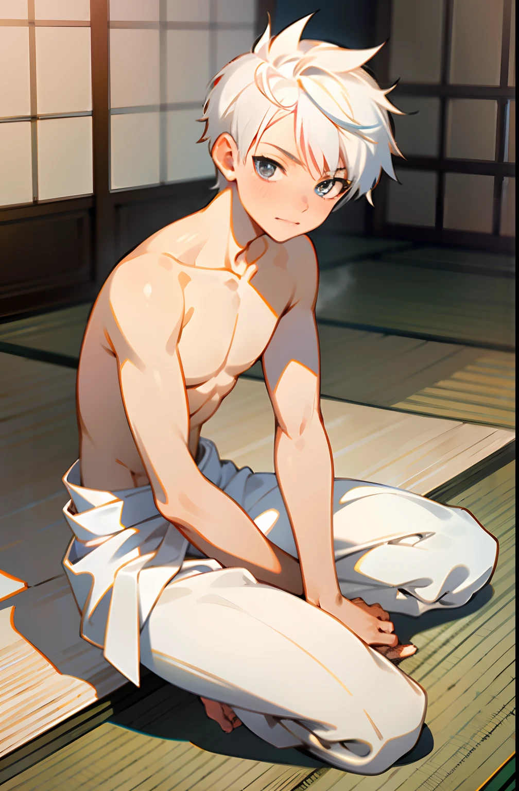 masterpiece, best quality, high quality,  1boy,****, , duo, male focus, full body, looking at viewer, white hair,spiky hairstyle, short hair, steam smork, japan style,  anime coloring, shy, home muji style, detailed face, topless, white towel on waist,white silk, sit on tatami