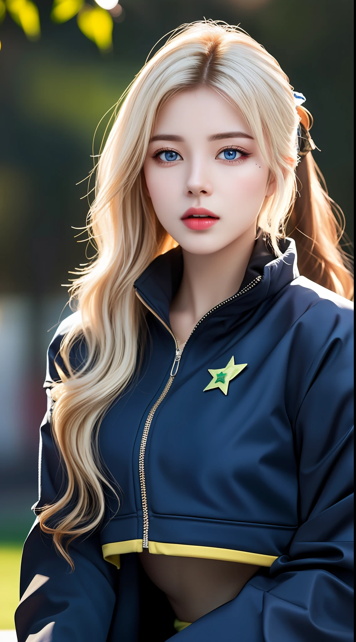 (hyperrealistic), (illustration), (high resolution), (8K), (extremely detailed), (best illustration), (beautiful detailed eyes), (best quality), (ultra-detailed), (masterpiece), (wallpaper), (photorealistic:1.4), (natural light), (rim lighting), (detailed face), high detailed realistic asian skin texture, anatomically correct, solo, 1 girl, (high detailed realistic long wavy white hair:1.35), (ponytail contorted:1.4), heterochromic eyes, (detailed blue eyes), small moles under the eyes, (realistic big breasts:1.5), long legs, tight abs, dynamic pose, sport bra, navy winter jacket, (upon body from head to thighs:1.4), (Beautiful Cute Pakistani Woman:1.55)