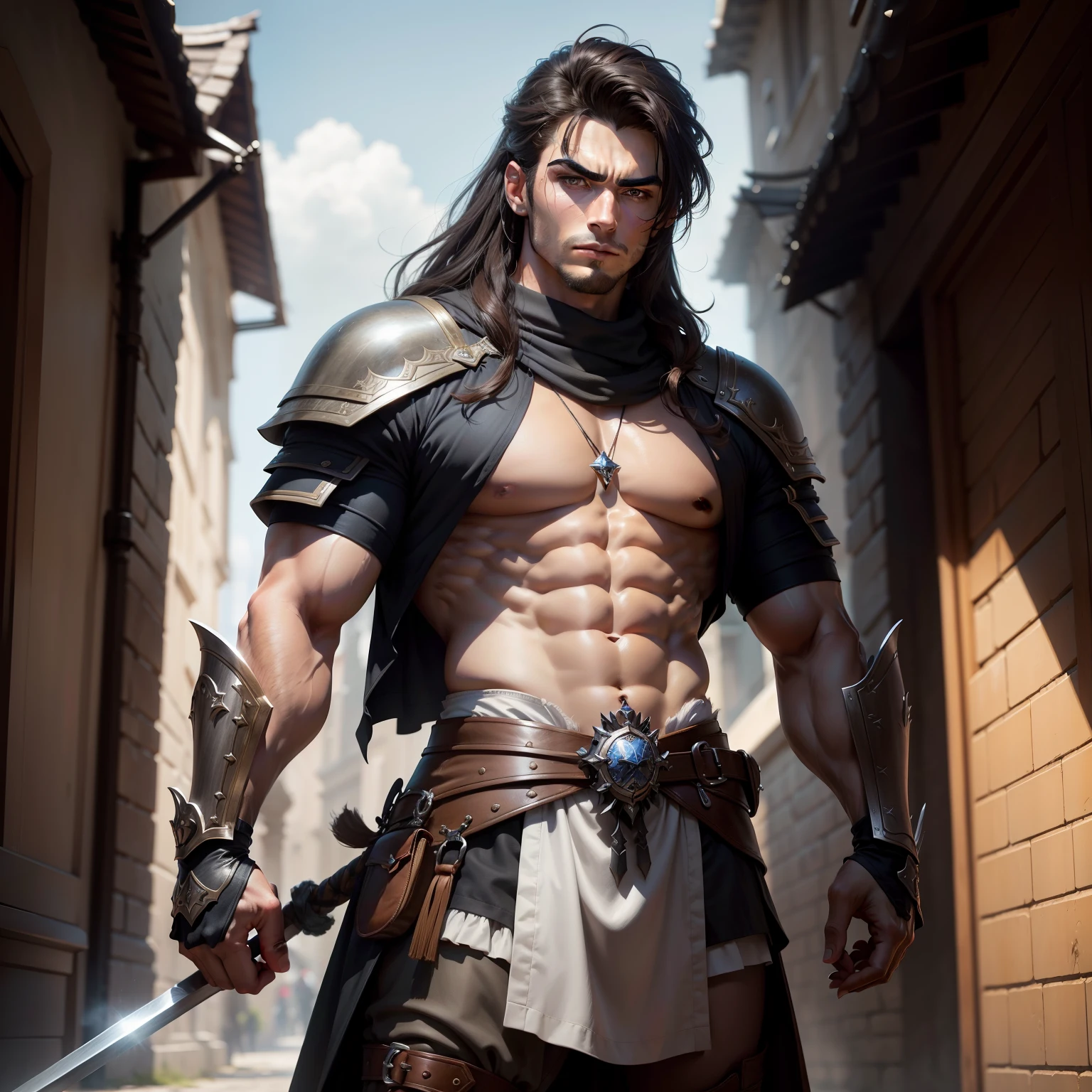 （absurderes，A high resolution，Hyper-detailing，hdr）brunette color hair，Youth，tmasterpiece，best qualtiy，1人，Handsome，wide face，Black ㇏ eyes，Thick eyebrows，holding a long spear，Indifferent majesty，Fit and fit，Male，masculine appeal，Male characteristics are distinct，Short，self-assured，Stand majestically，Pondering，Silver Jack Posture，Cold