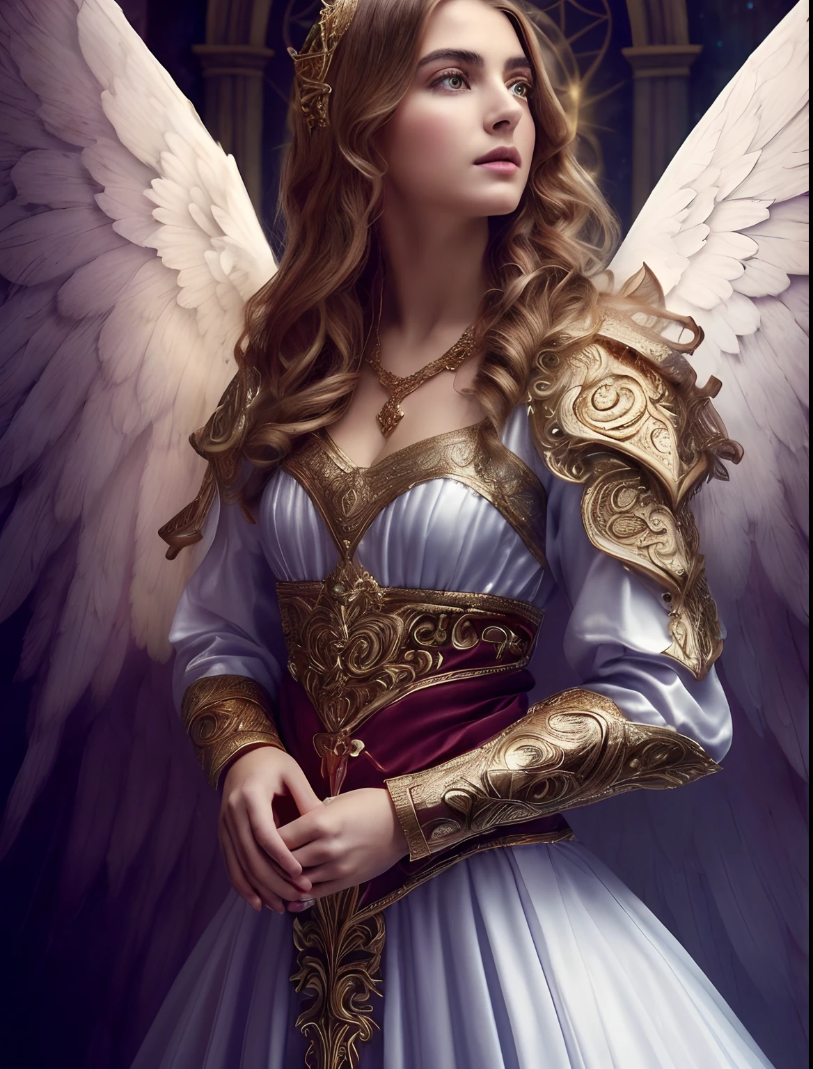 (((Holy GUARDIAN ANGEL. 19 years old))) (((IMAGEN VINTAGE RETRO))) ((( Con una cara seria y piadosa. Con una mirada dulce y tierna))) (obra maestra, calidad superior, mejor calidad, arte oficial, beautiful and aesthetic: 1.2), (1girl), extremadamente detallado, (Arte fractal: 1.3), colorido, highest detailed, Cara perfecta, parte superior del cuerpo, HDR, (orando: 1.3), (golden lines of white coat: 1.2), galaxia, (rayas de luz), eye-catching visuals, (dynamic stripes, senderos luminosos: 1.2), colores vibrantes,