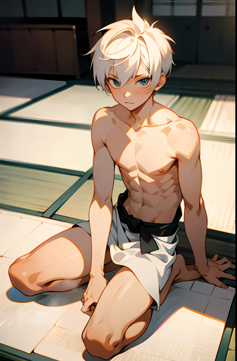 masterpiece, best quality, high quality,  1boy,, , duo, male focus, full body, looking at viewer, white hair,spiky hairstyle, short hair, steam smork, japan style,  anime coloring, shy, home muji style, detailed face, topless, white towel on waist,white silk, sit on tatami