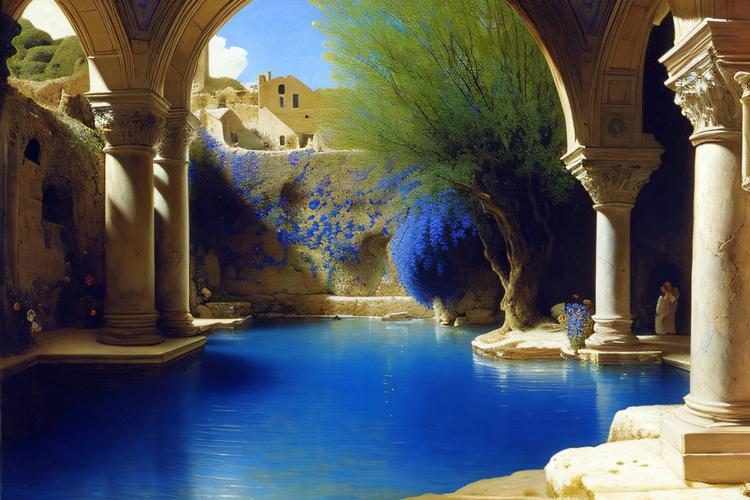 Inner cave, Cobalt Blue Ocean, fleurs, Village Alma Tadema