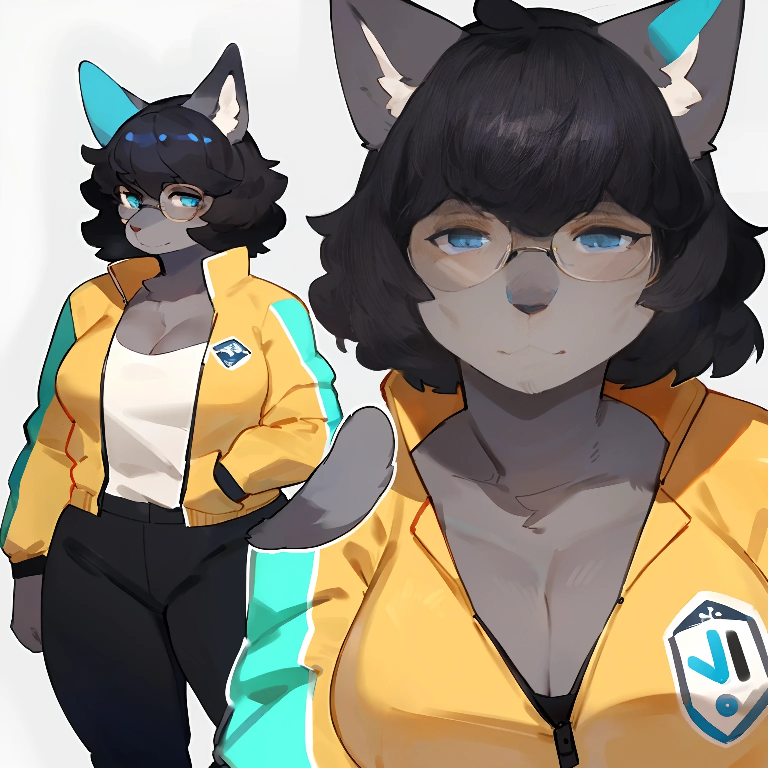 by bebebebebe, by goonie-san, by bigcozyorca, by buta99, solo, female, standing, feline, (((detailed eyes, glasses))), plump, medium hair, ((snout)), tail, smoky colored fur, grey fur, dark fur, black hair, ((wavy hair, short hair, swept fringe)), blue eyes, blue, cyan and yellow spacesuit jacket, thicc, cleavage, black pants