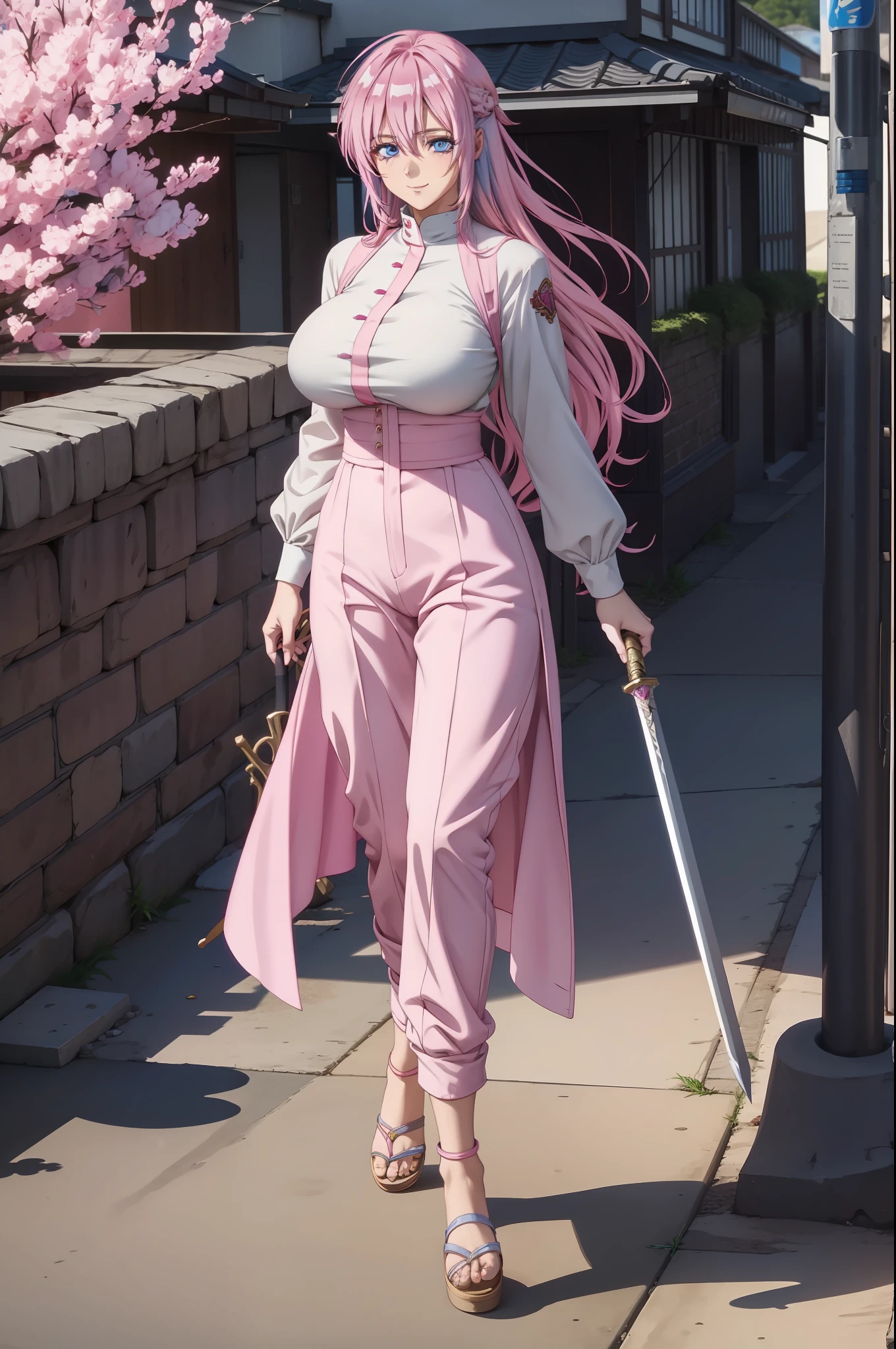 shikimorisan,1girl, pink hair, long hair, blue eyes, hair between eyes, bangs,, smile, walking, monk, brawler, fantasy, rpg, mountain, big breast, holding rapier, flipflops, full body, pants