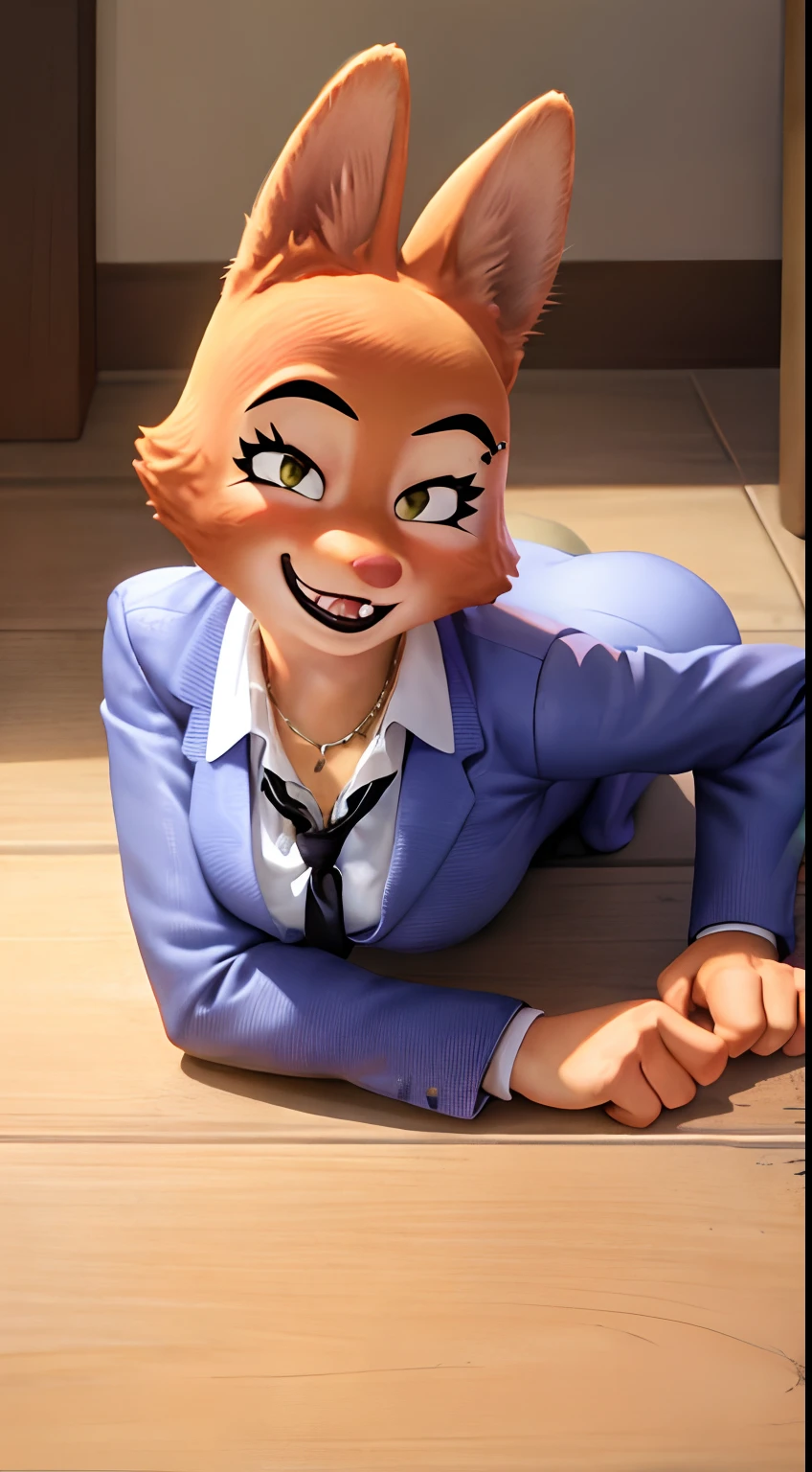 a beautiful and detailed head portrait of diane foxington crawling on floor,orange body, black lips, eyelashes, eyebrow piercing,smile, sexy, business suit