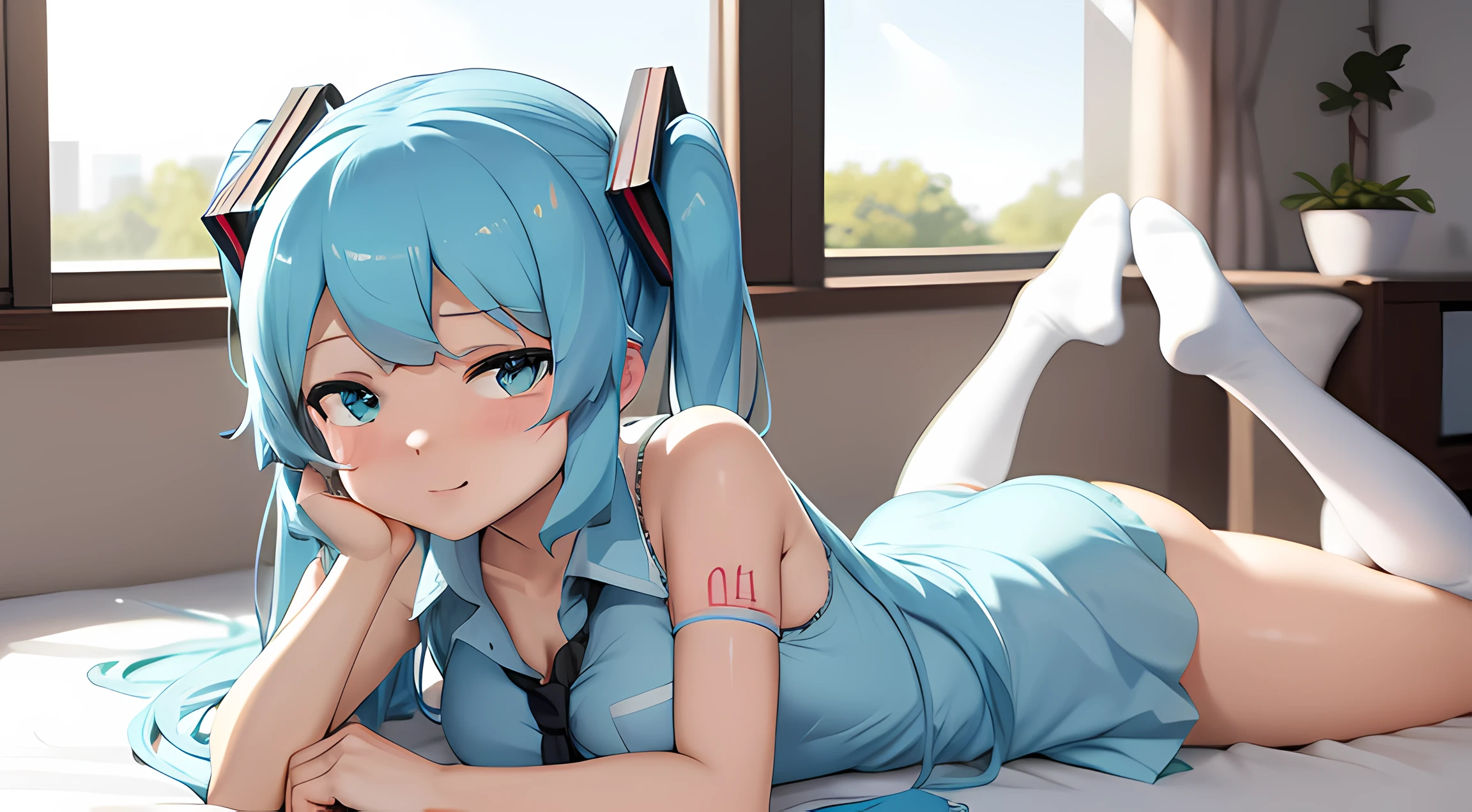 hatsune miku, camisa blanca, falda negra, en la cama, de frente, vista trasera, pose de perrito, Pelo azul de cola doble, Ecchi,