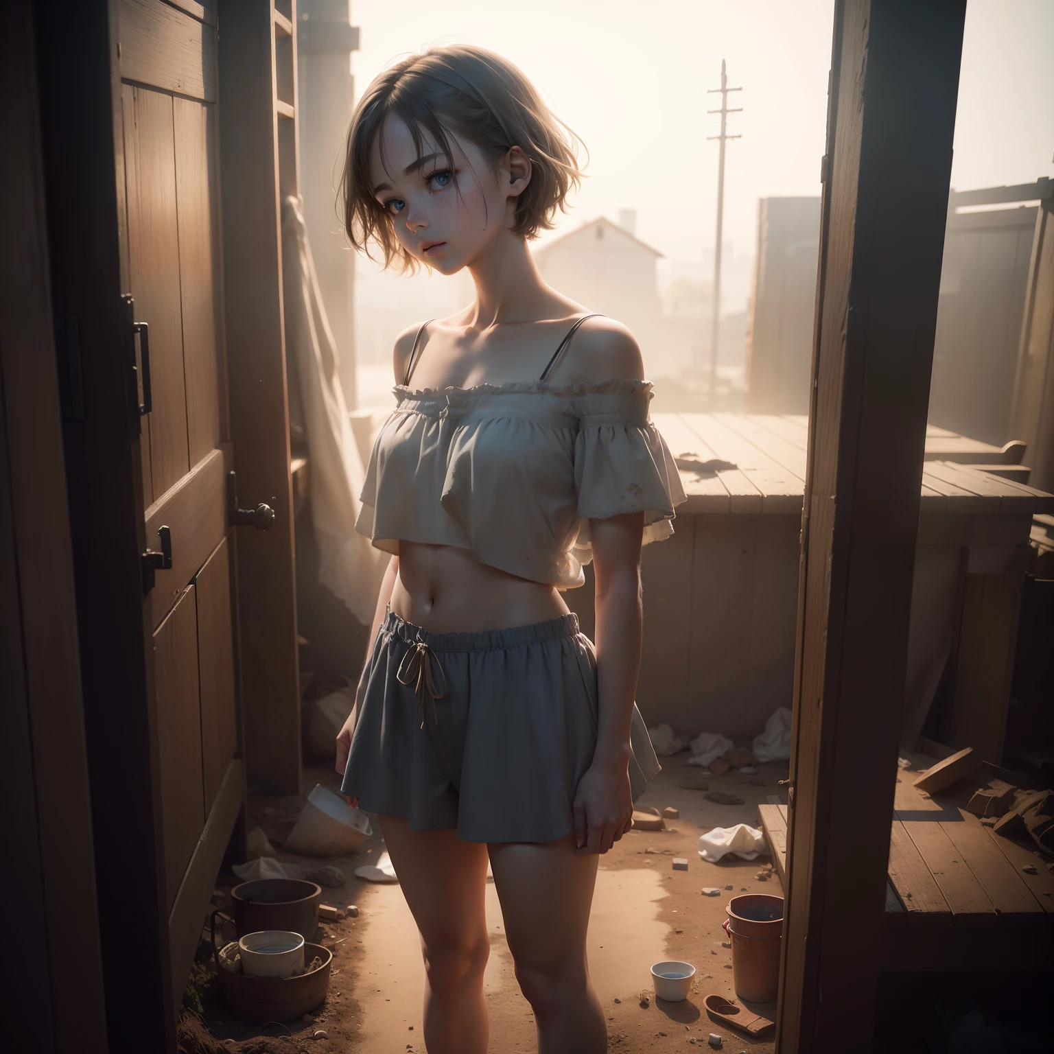 Best Quality Full Body Detail Golden Ratio (Dramatic Lighting 0.7) Stunning High Angle RAW Photo (-yeld wo with short pale hair looking up) Cute (disheveled in tattered linen underwear ), (standing on the playground), Full body portrait, Perfect face, Seductive eyes, Vivid details, (Highly detailed skin), SFW, (Bluish: 0.6), (Dirty: 0.8), (Bloody: 0.7), key illumination, (backlight: 0.5), depth of field, Canon 5D, 50mm lens, f/4 aperture, (super detail, complex detail), sharp focus, soft colors, 8k, consciously, 8mm film grain