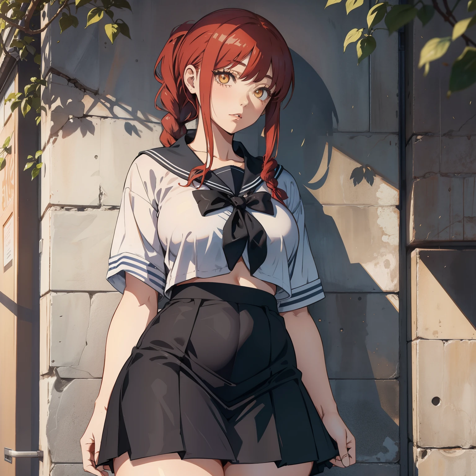 high school girl, sailor suit, skirt, droopy eyes, big, thick thighs, black pants, sexy girl, full of sensuality, makima
braided ponytail
ringed eyes