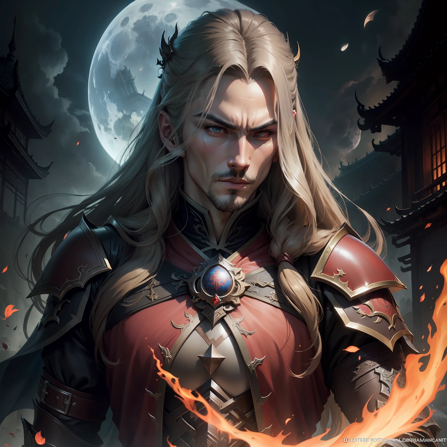 Legendary Castlevania Lord of Shadows chinese style portrait hyper realistic super detailed Dynamic pose Moon behind