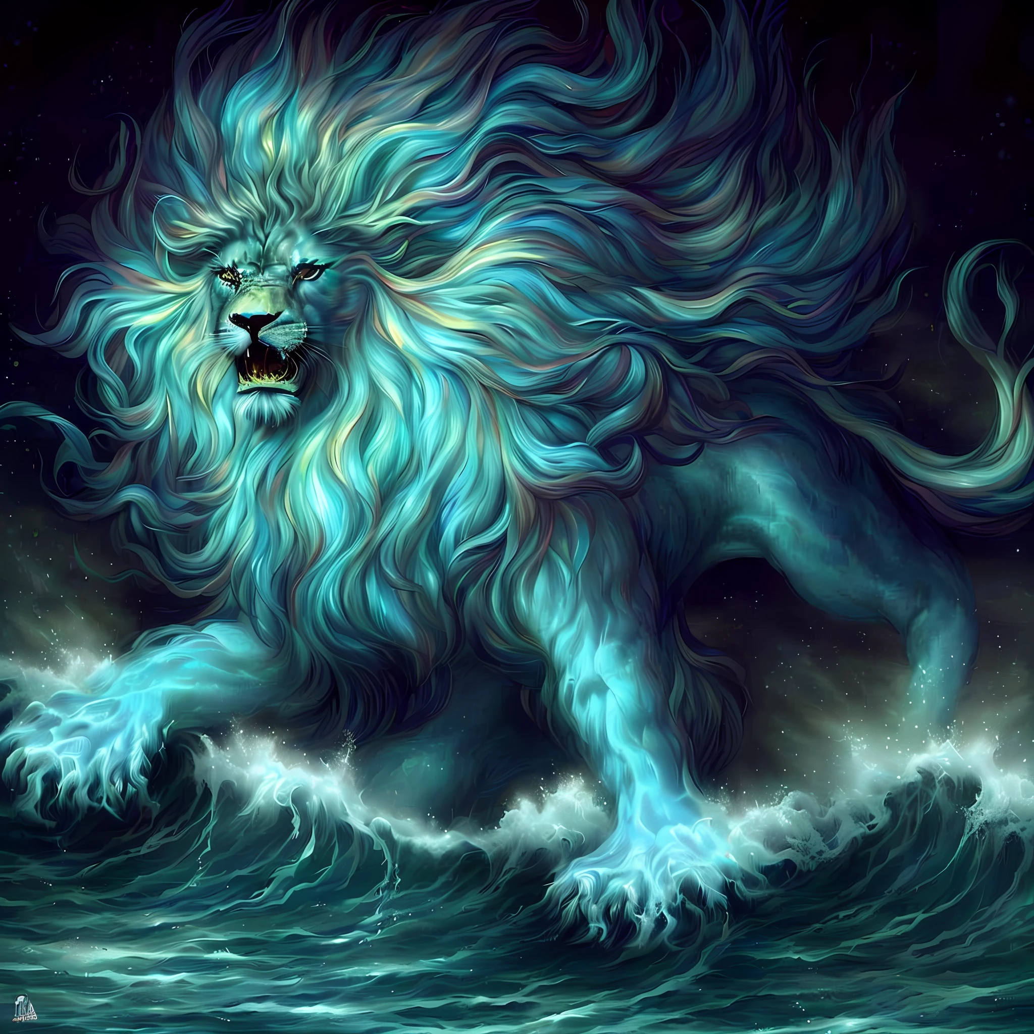 A painting of a lion with a blue mane is in the water, Roaring Blue Lion. majestoso, Rei do Mar, O Deus do Mar, water elemental, mytical creature, iridescence water elemental, Deus do Oceano, Directed by: Howard Lyon, luminous water elemental, Poseidon, O Deus Poseidon, Como um atlante, 16k, HD, Masterpiece