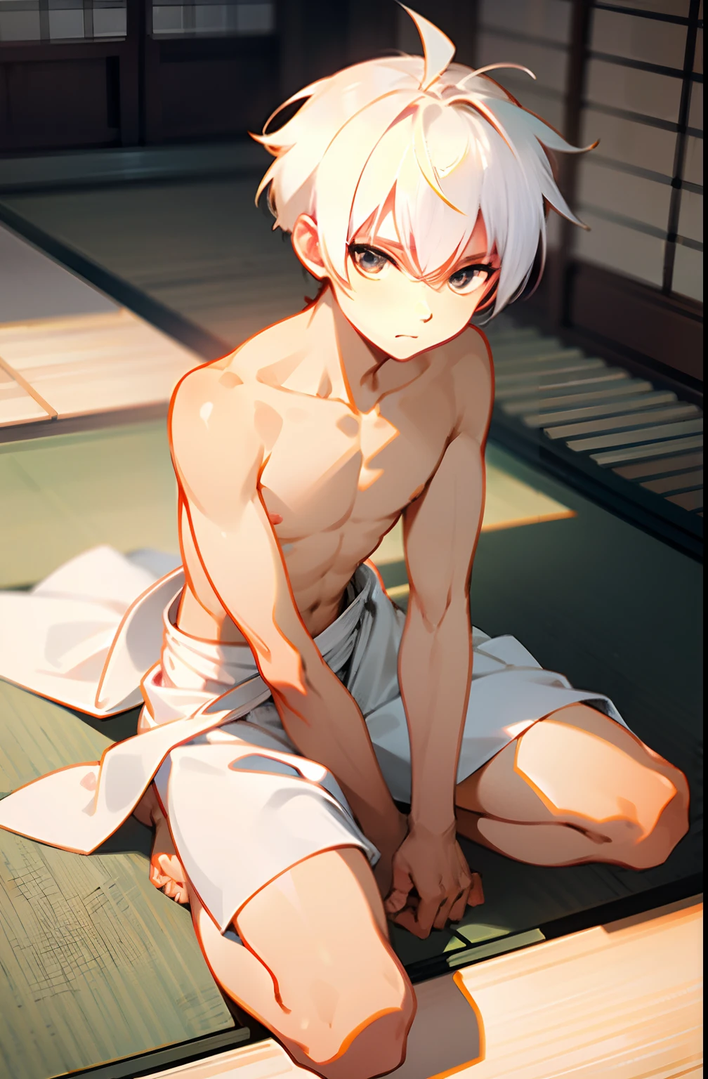 masterpiece, best quality, high quality,  1boy,, , duo, male focus, full body, looking at viewer, white hair,spiky hairstyle, short hair, steam smork, japan style,  anime coloring, shy, home muji style, detailed face, topless, white towel on waist,white silk, sit on tatami