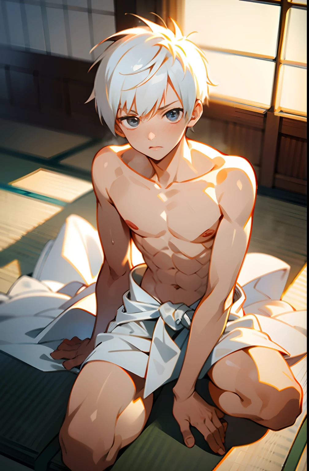 masterpiece, best quality, high quality,  1boy,****, , duo, male focus, full body, looking at viewer, white hair,spiky hairstyle, short hair, steam smork, japan style,  anime coloring, shy, home muji style, detailed face, topless, white towel on waist,white silk, sit on tatami