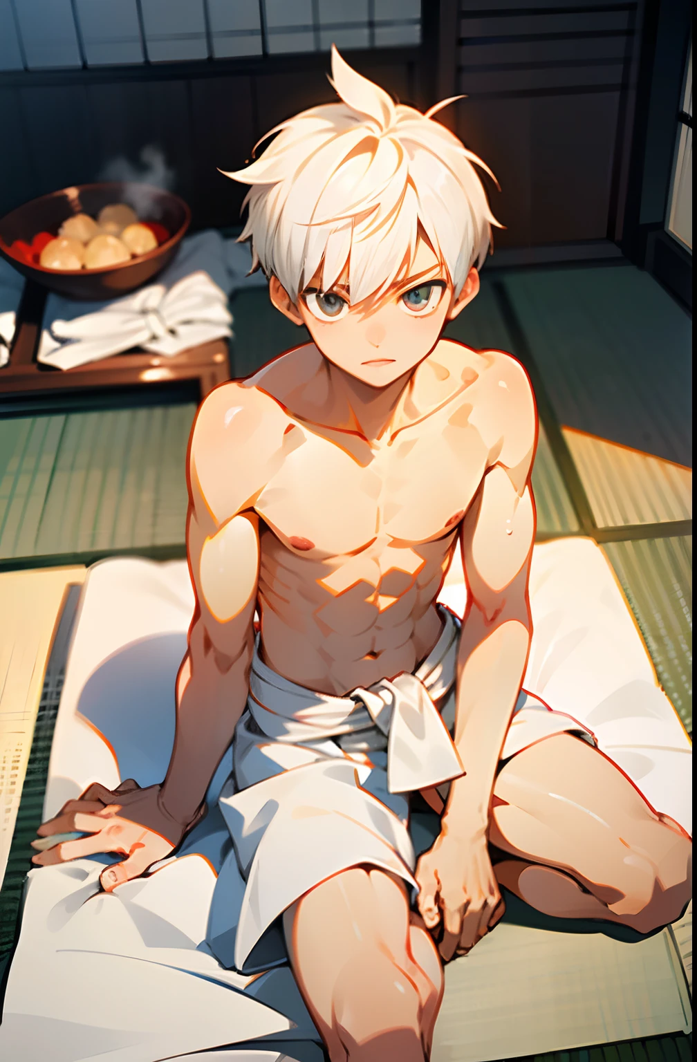 masterpiece, best quality, high quality,  1boy,10yo, , duo, male focus, full body, looking at viewer, white hair,spiky hairstyle, short hair, steam smork, japan style,  anime coloring, shy, home muji style, detailed face, topless, white towel on waist,white silk, sit on tatami