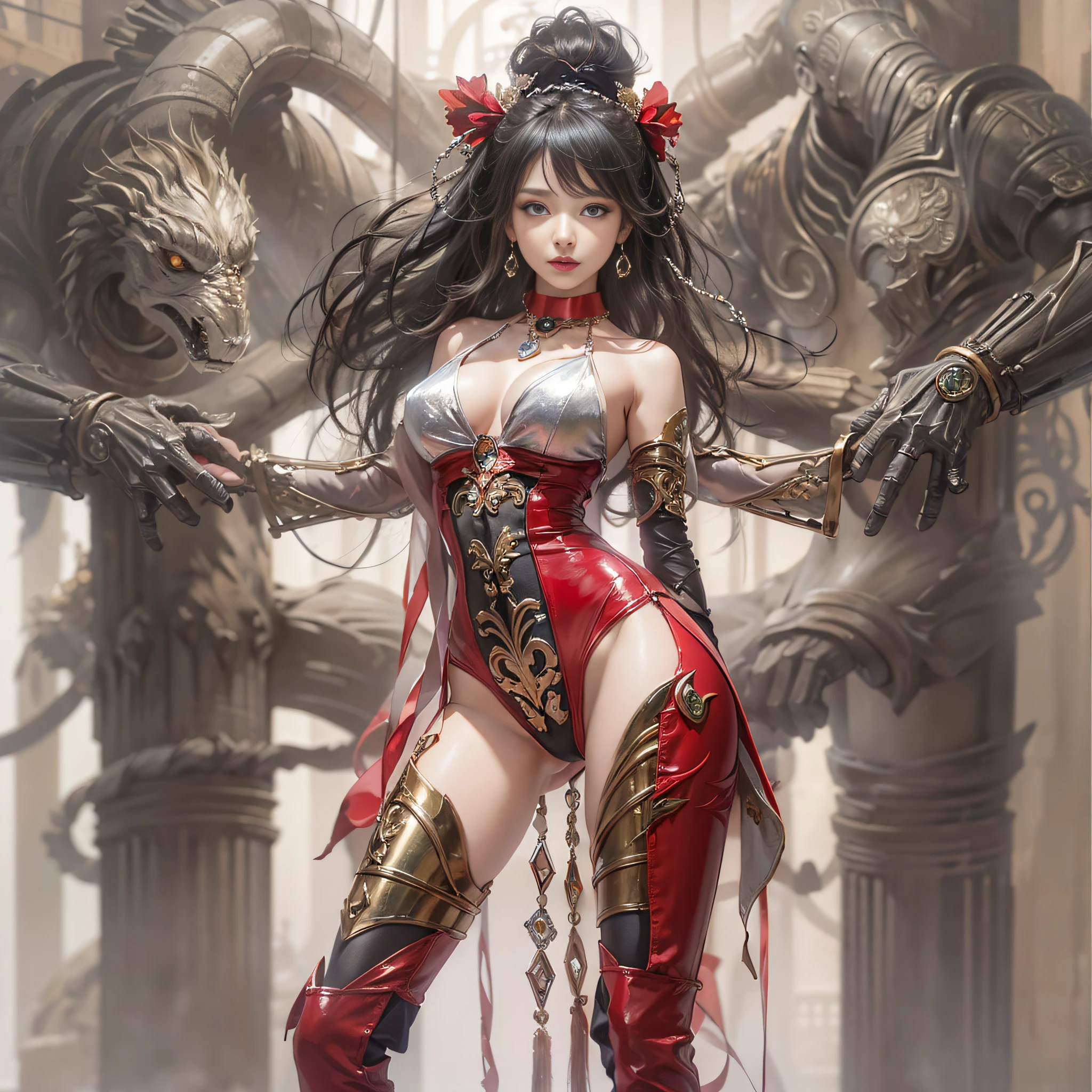 ((masterpiece:1.4)、(top-quality:1.4)、(reallistic:1.7))、Beautiful girl in bondage style、Sexy Daughter、Super beautiful girl、1girl in:1.4、Restraints、Transparent clothing、slaves、Glossy luxury latex、Luxury Latex Bodysuit、By Luis Royo、age19、Super Ultra Ultra Bikini、Outstanding style、(Two legs are drawn correctly:1.7)、(Two arms are drawn correctly:1.7)、Anatomically correct depiction of limbs、Slender Abs、(beauty legs:1.4)、beautiful countenance、kawaii faces、Beautiful ass、A detailed eye、beautidful eyes、Raw photo、red-lips、Red high heels、a choker、a necklace、耳Nipple Ring、Fantasy of an ancient city、Mythological worldview