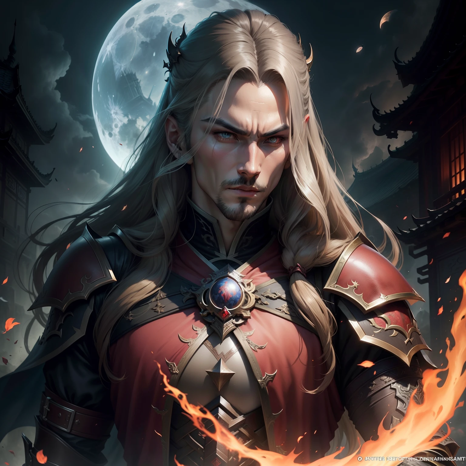 Legendary Castlevania Lord of Shadows chinese style portrait hyper realistic super detailed Dynamic pose Moon behind
