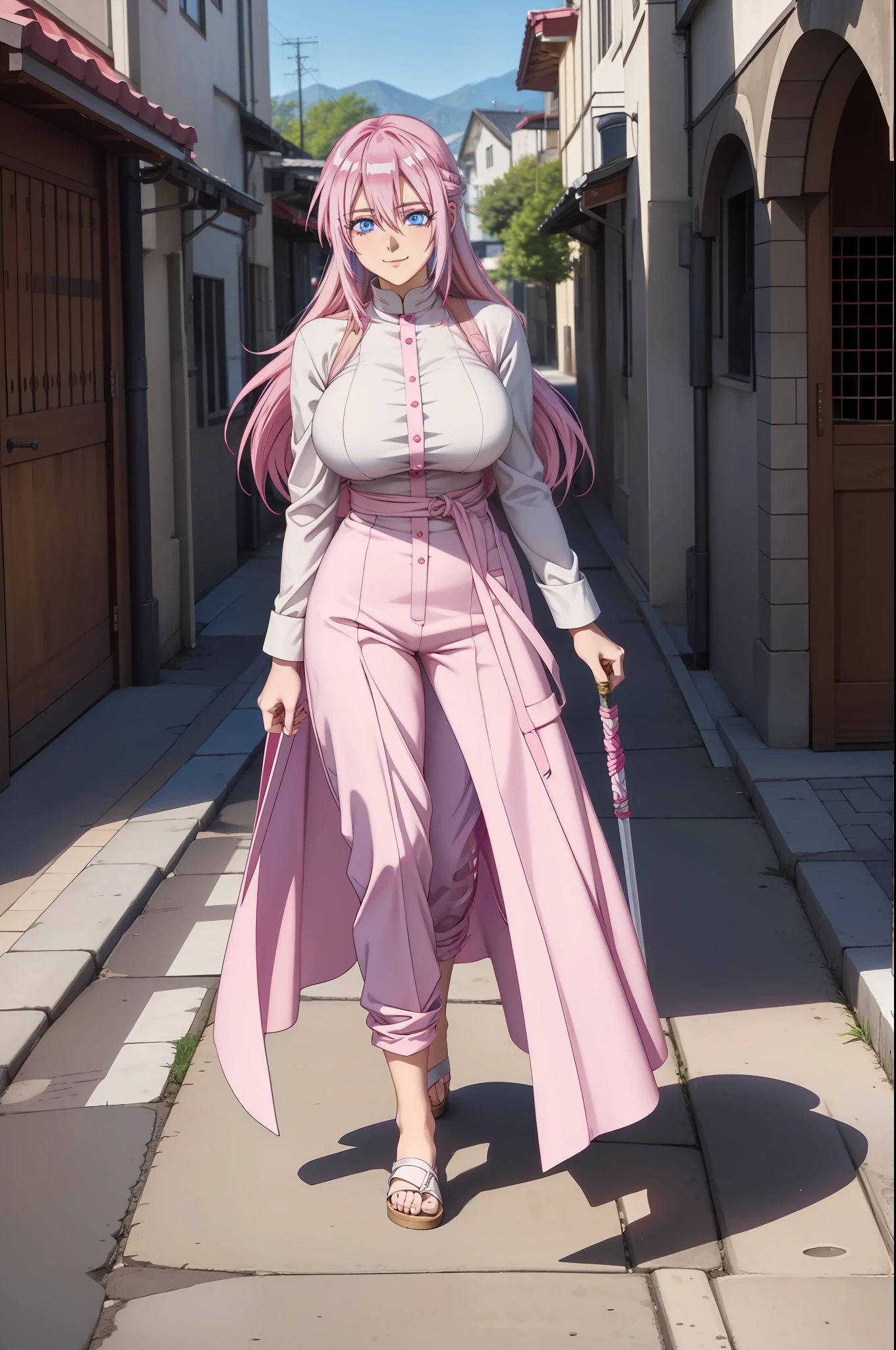 shikimorisan,1girl, pink hair, long hair, blue eyes, hair between eyes, bangs,, smile, walking, monk, brawler, fantasy, rpg, mountain, big breast, holding rapier, flipflops, full body, pants, europe