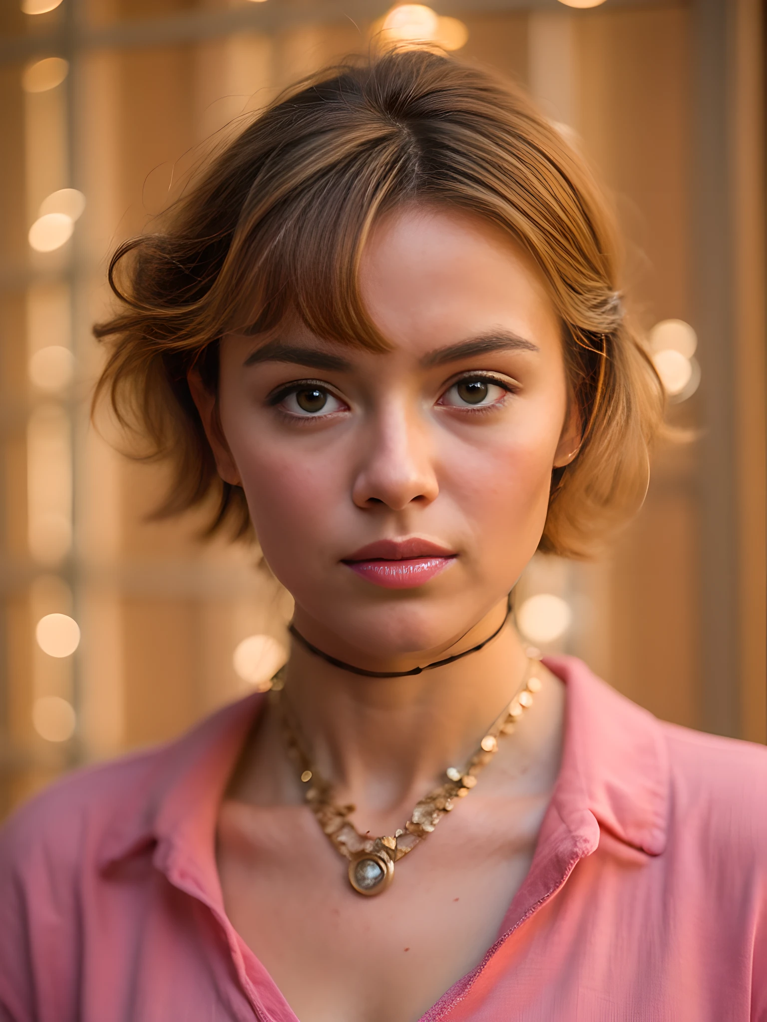 Wearing pink, Dynamic behavior, Model Pose, appealing, Beautiful simple necklace, detailed eyes, detailed face, looking into camera, bokeh background, back lighting, trending on artstation, sharp focus, studio photo, intricate details, highly detailed, high resolution, 8k, high quality image, high quality RAW photo, Canon 5D mark IV, f 2.8, 85mm, CineStill 800T, sharp focus, high resolution, trending on artstation, sharp focus, studio photo, intricate details, highly detailed, style of William Eggleston