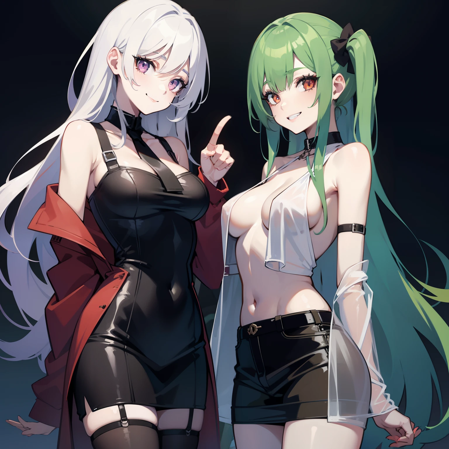 2girls, pale skin, zombie girl, slightly size difference, smiling, looking at viewer