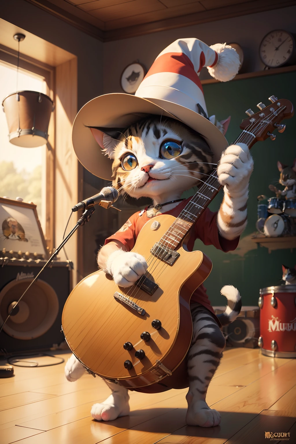 painting of a cat playing a drum with a hat on, by Muggur, by Igor Grabar, fanart, rocking out, traditional art, by Dechko Uzunov, mouse with drum, !!!! cat!!!!, skottie young, mouse holding a drum, of the cat in the hat, drummer, furry artist, album art, by Mario Dubsky