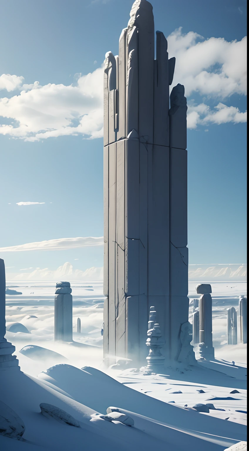 White alien world,Huge stone pillars descend from the clouds,Connect to the ground,Alien Chaos landscape,