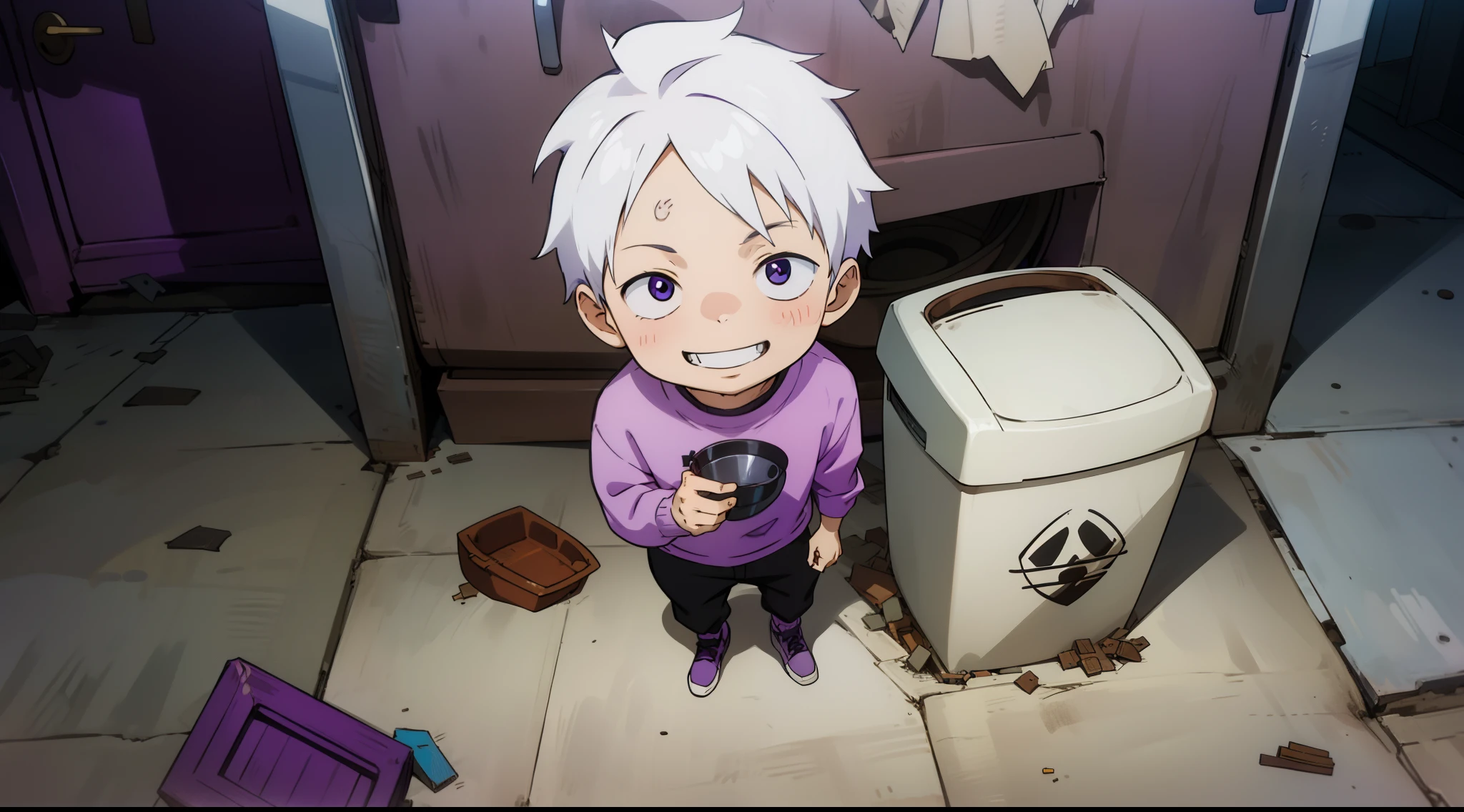 1cute chibi boy white haired emo boy in purple sweater smiling looking into a smelly garbage bin standing near a house