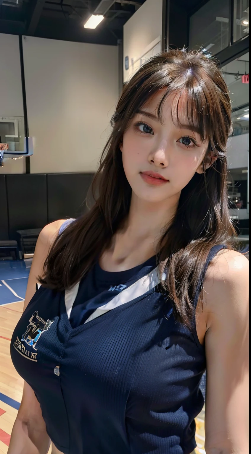 ((Best picture quality, 8K, tmasterpiece:1.3)), 1girll, Beautiful woman with slender abs:1.3, (Casual hairstyle, huge tit:1.2),Cheerleading uniforms:1.1, Ultra-fine face, A detailed eye, 二重まぶた,ssmile,dual horsetail,basketball playground