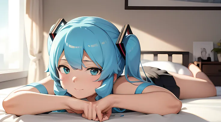 hatsune miku, camisa blanca, falda negra, en la cama, de frente, vista trasera, pose de perrito, pelo azul de cola doble, ecchi,