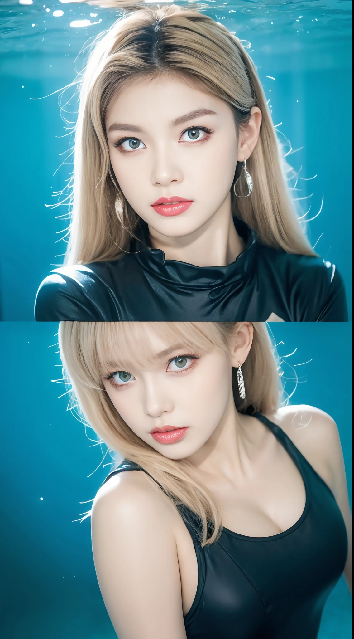 hyper HD,Textured skin,16K High Resolution,Wallpapers,partial underwater shot,Long hair blonde beauty,upturned corners of the mouth,The upper part of the body,long eyelasher,Crystal earrings,(Red star-shaped pupil,Pink eyes,Detailed depiction of close-up of the eyes),Yellow swimsuit,Brightens skin details,Good water pipes,Reflected light effect
