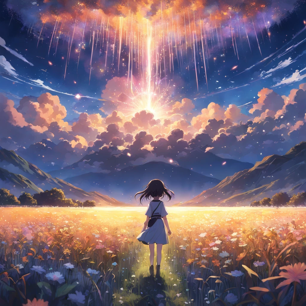 Makoto Shinkai, expansive landscape photograph , (a view from below that shows sky above and open field below), a girl standing on flower field looking up, (full moon:1.2), ( shooting stars:0.9), (nebula:1.3), distant mountain, tree BREAK production art, (warm light source:1.2), (Firefly:1.2), lamp, lot of purple and orange, intricate details, volumetric lighting BREAK (masterpiece:1.2), (best quality), 4k, ultra-detailed, (dynamic composition:1.4), highly detailed, colorful details,( iridescent colors:1.2), (glowing lighting, atmospheric lighting), dreamy, magical, (solo:1.2)