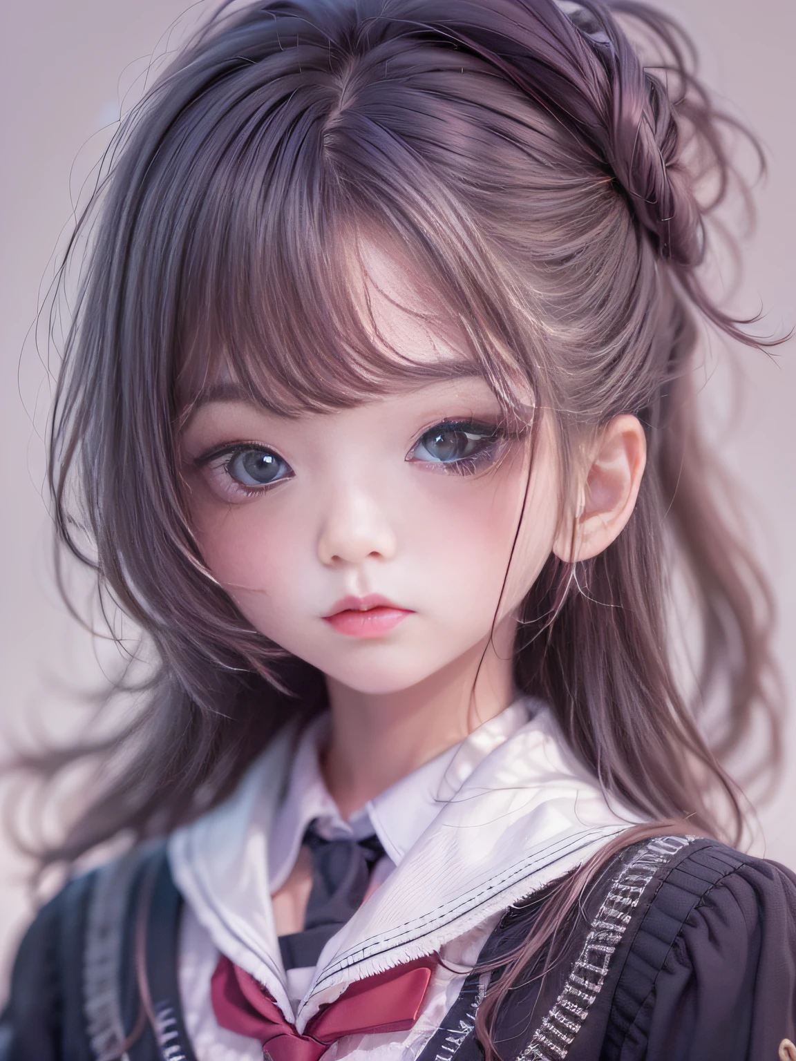 A neutral-faced 5-year-old girl with bright brown eyes and dark hair. She is dressed in a colorful and patterned dress, complemented by a shiny bow in her hair. The image depicts her against a dark and eerie background, reminiscent of a haunting atmosphere. The shadowy surroundings add a touch of terror, creating a chilling contrast with her innocent expression. --auto --s2