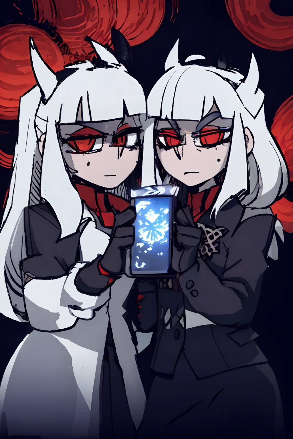 realisticlying、Masterpiece quality、best qualtiy、offcial art、Beauty and aesthetics:1.2、Very detailed fractal art、Colorful abstract background、Kizi、Kamimei、The color hair、long whitr hair、luminous red eyes、Mysterious magic、Girl of Ice and Fire,Red and blue color scheme,cinematric light