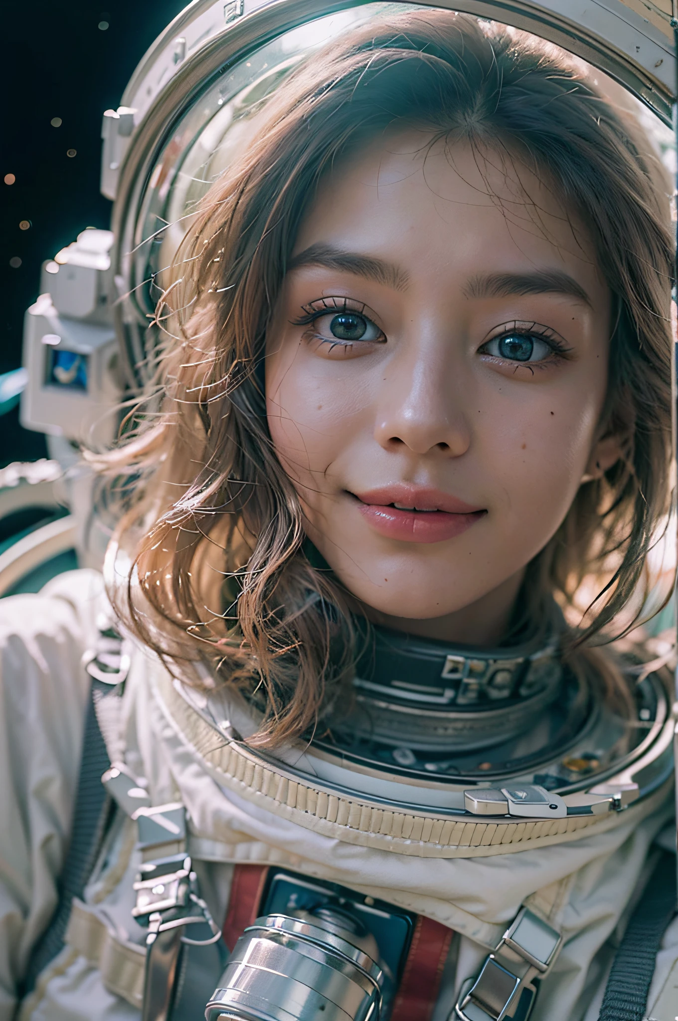 A high resolution, (tmasterpiece:1.4), ultra - detailed, Female astronaut floating in space, Best quality, Masterpiece, 1girll, Beautiful face, (photograph realistic:1.3), rim lit, (highdetailskin:1.2), 8K  UHD, Digital SLR, High quality, high resolution, 4K, 8K, Bokeh,