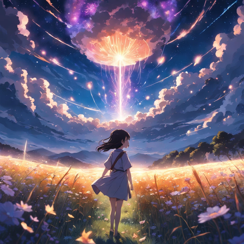 Makoto Shinkai, expansive landscape photograph , (a view from below that shows sky above and open field below), a girl standing on flower field looking up, (full moon:1.2), ( shooting stars:0.9), (nebula:1.3), distant mountain, tree BREAK production art, (warm light source:1.2), (Firefly:1.2), lamp, lot of purple and orange, intricate details, volumetric lighting BREAK (masterpiece:1.2), (best quality), 4k, ultra-detailed, (dynamic composition:1.4), highly detailed, colorful details,( iridescent colors:1.2), (glowing lighting, atmospheric lighting), dreamy, magical, (solo:1.2)